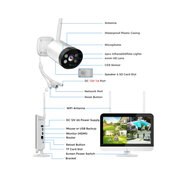 kit camera de videosurveillance ptz sans fil 3mp et moniteur wifi nvr de 12 pouces et disque de 1 terra 2